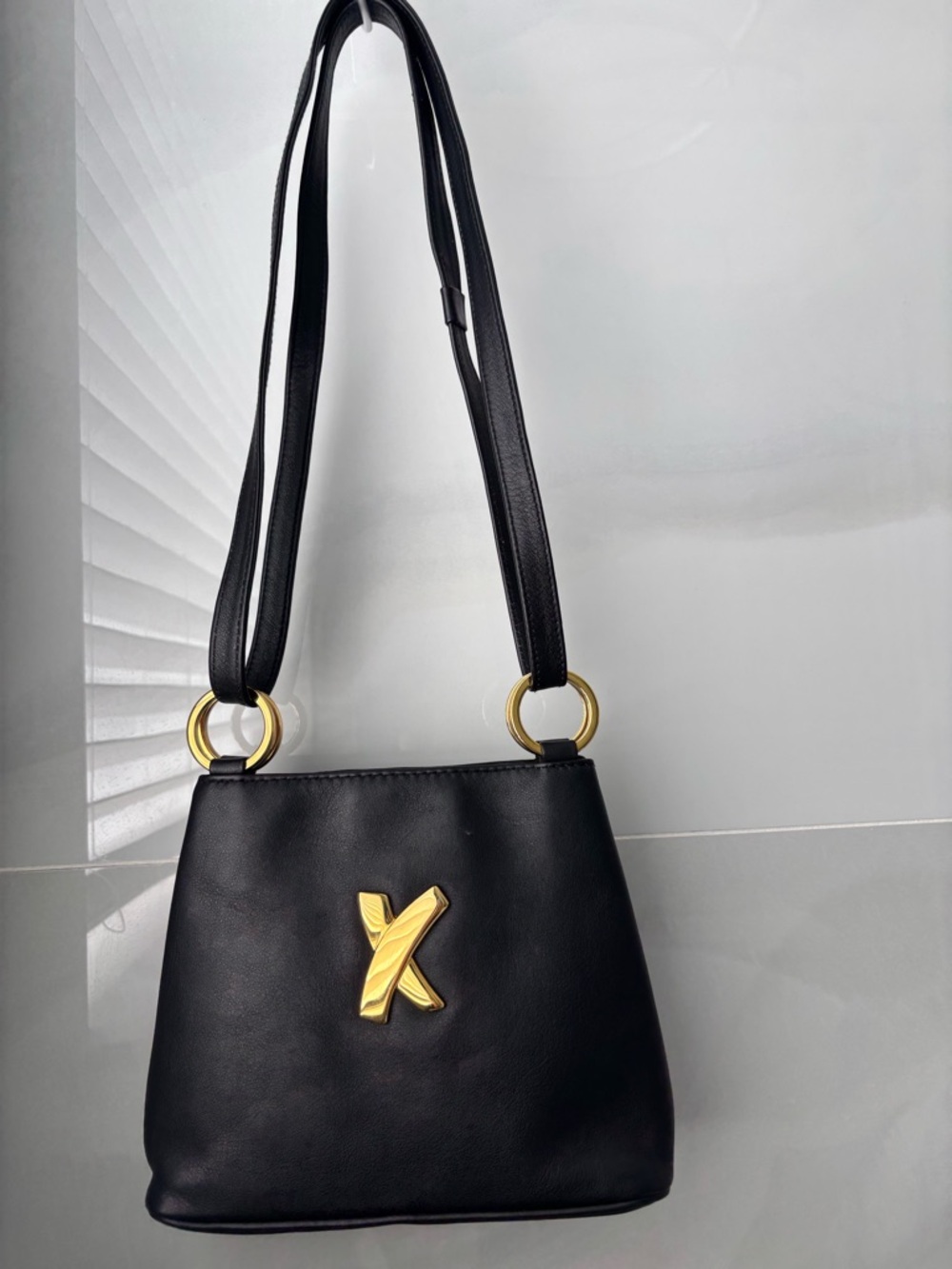 Vintage By Paloma Picasso black leather shoulder bag with gold accent